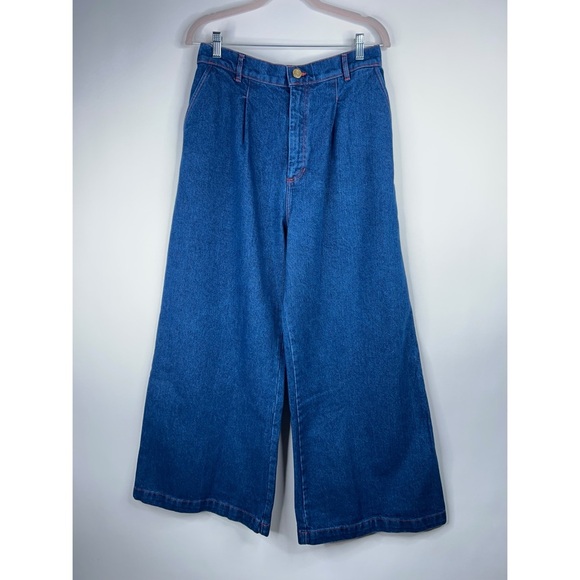Big Bud Press Wide Leg Denim Trousers Dark Wash Indigo High Rise Pleated Medium - Picture 1 of 11